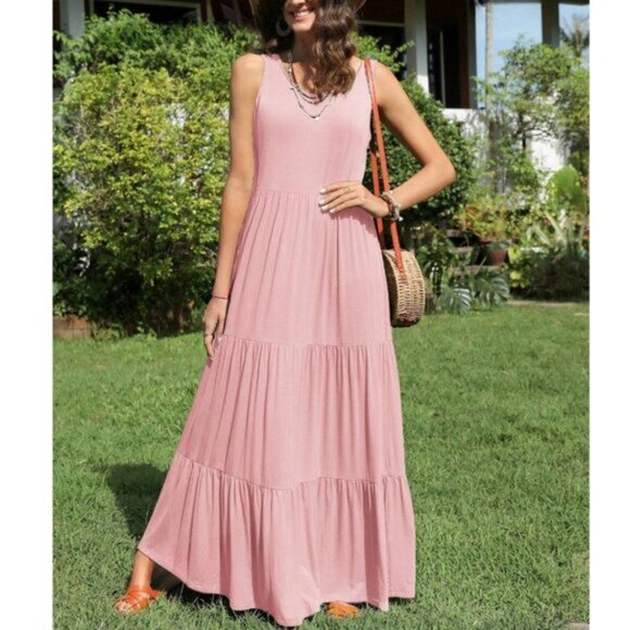 Ruffle Hem Smock Maxi Dress Pink - Picture 1 of 4